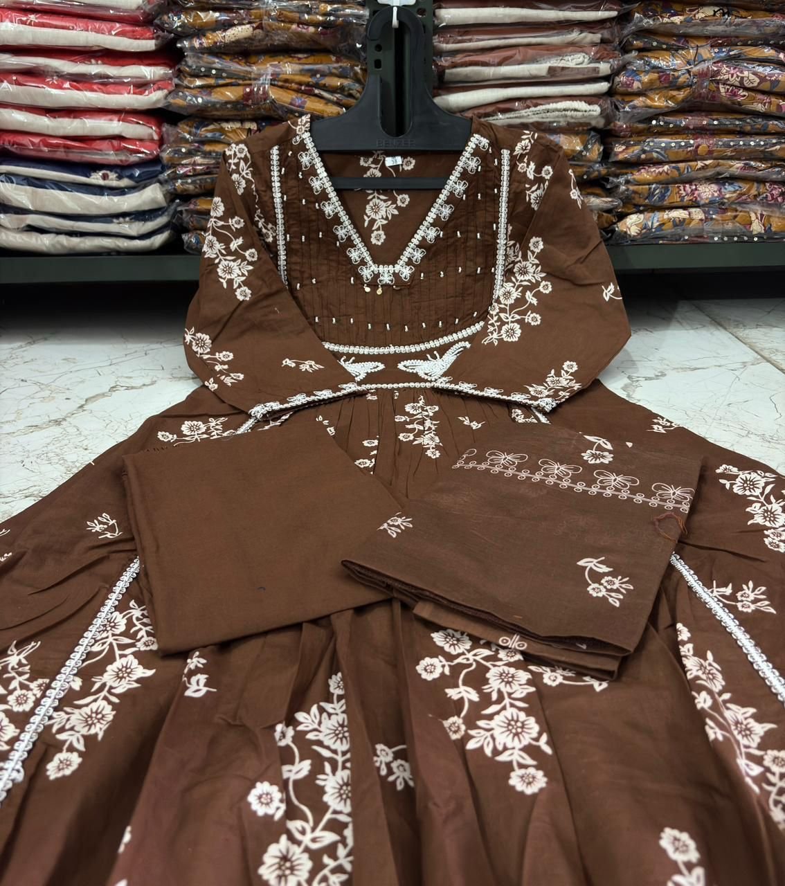 Brown Cotton Discharge Printed Suit Set with Embroidery